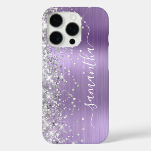 Coque iPhone 16 Pro Parties scintillant argentée Lumière violet Metall