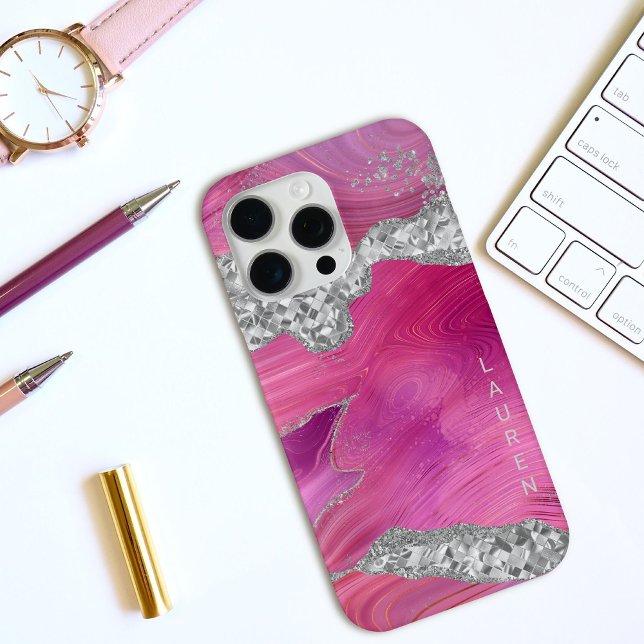 Coques Case-Mate iPhone Parties scintillant argentée Magenta Pink Agate Gé (Créateur téléchargé)