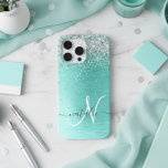 Coque Case-Mate iPhone Parties scintillant argentée turquoise en métal br<br><div class="desc">Personnalisez facilement ce design branché de boîtier de téléphone chic avec une jolie parties scintillant brillante en argent sur un arrière - plan métallique brossé turquoise.</div>