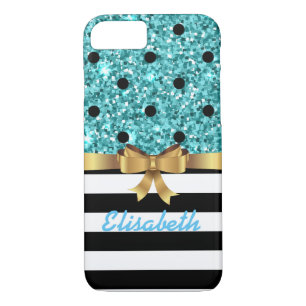 Coque Case-Mate iPhone PARTIES SCINTILLANT bleue BLACk polka dot GOLD BOW