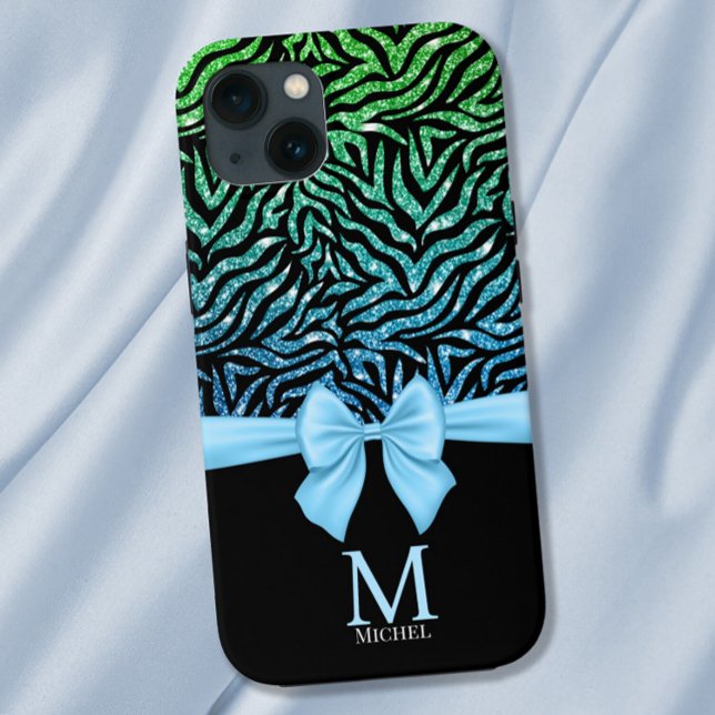 Coques Case-Mate iPhone Parties scintillant bleue Ombre Zebra Stripes Bow  (Créateur téléchargé)