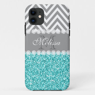 COQUE iPhone 11 PARTIES SCINTILLANT D'AQUA, CHEVRON GRIS, MONOGRAM