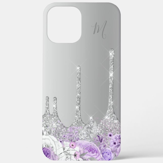 Coques Case-Mate iPhone parties scintillant d'argent fleuri pourpre au mon (Verso)