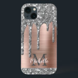 Case-Mate iPhone Case Parties scintillant d'argent Rose Monogramme métal<br><div class="desc">Parties scintillant moderne, gris argent ceinturé goutte nom et coque iphone monogrammé. Ce design présente des gouttes brillantes de parties scintillant gris argenté (gris) sur arrière - plan en métal brossé rose rose avec personnalisation monogramme initial et modèle de texte de prénom. Un cadeau féminin parfait. Veuillez noter que ce...</div>