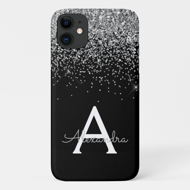 Coques Case-Mate iPhone Parties scintillant de luxe noir argent Monogramme (Dos)