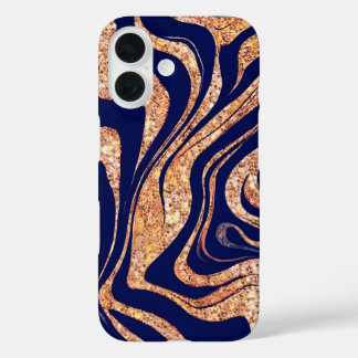 Coque Pour iPhone 16 Parties scintillant D'Or Bleu Marine Et Rose Zebra