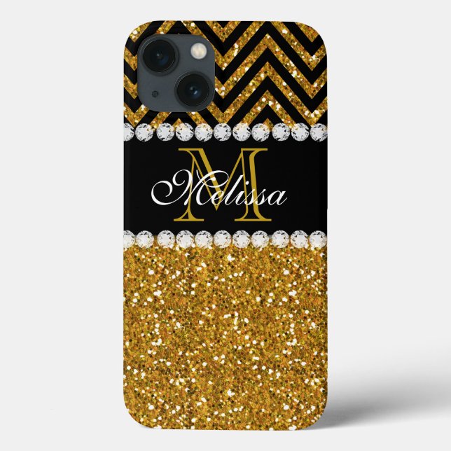 Coques Case-Mate iPhone Parties scintillant d'or noir Chevron Monogramme (Verso)