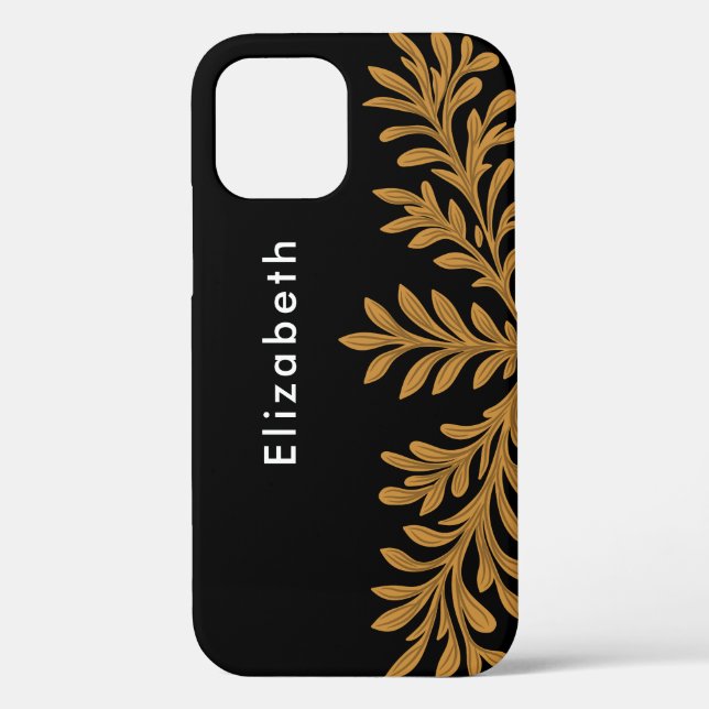 Coques Case-Mate iPhone Parties scintillant d'or noir Feuilles floraux Nom (Verso)