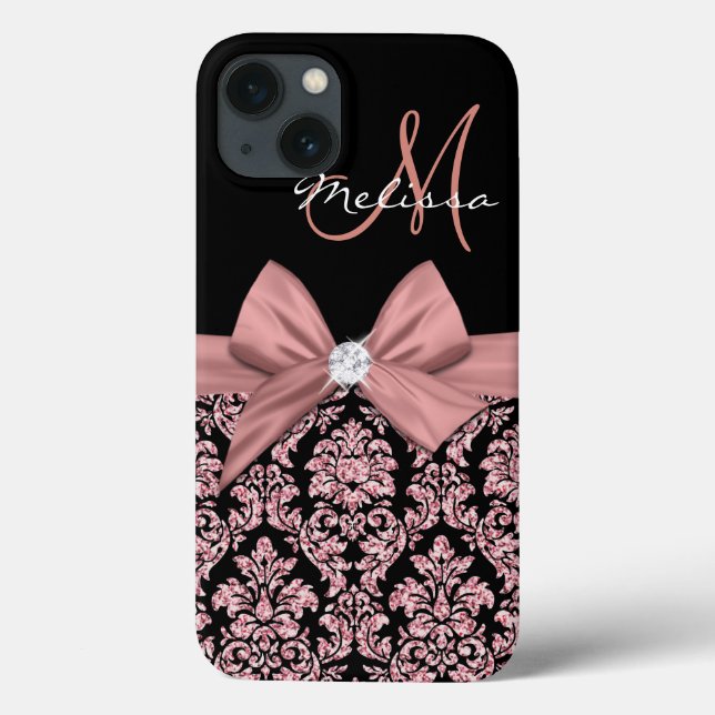 Coques Case-Mate iPhone parties scintillant d'or rose noir Damas, Bow, Dia (Verso)