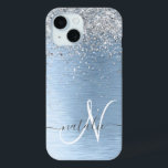 Coque Case-Mate iPhone Parties scintillant en argent brossé bleu Nom du m<br><div class="desc">Personnalisez facilement ce design branché de boîtier de téléphone chic avec une jolie parties scintillant brillante en argent sur un arrière - plan métallique brossé bleu.</div>
