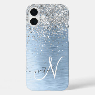 Coque Pour iPhone 16 Plus Parties scintillant en argent brossé bleu Nom du m