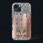 Case-Mate iPhone Case Parties scintillant en argent Rose or Monogramme m<br><div class="desc">Parties scintillant moderne, gris argent ceinturé goutte nom et coque iphone monogrammé. Ce design présente des gouttes brillantes de parties scintillant gris argenté (gris) sur arrière - plan en métal brossé rose rose avec personnalisation monogramme initial et modèle de texte de prénom. Un cadeau féminin parfait. Veuillez noter que ce...</div>
