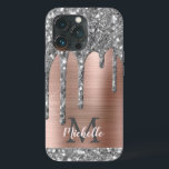 Case-Mate iPhone Case Parties scintillant en argent Rose or Monogramme m<br><div class="desc">Parties scintillant moderne, gris argent ceinturé goutte nom et coque iphone monogrammé. Ce design présente des gouttes brillantes de parties scintillant gris argenté (gris) sur arrière - plan en métal brossé rose rose avec personnalisation monogramme initial et modèle de texte de prénom. Un cadeau féminin parfait. Veuillez noter que ce...</div>