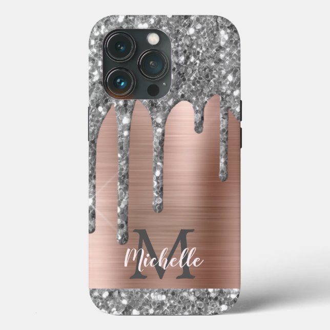 Coques Case-Mate iPhone Parties scintillant en argent Rose or Monogramme m (Verso)
