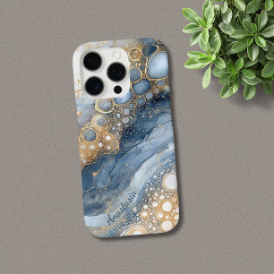 Coque iPhone 16 Pro Parties scintillant en or en marbre bleu personnal