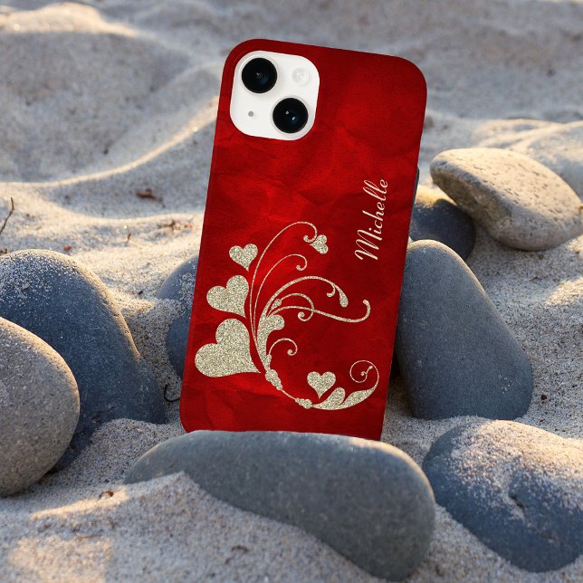 Coques Case-Mate iPhone Parties scintillant Gold Heart Faux sur Red (Créateur téléchargé)