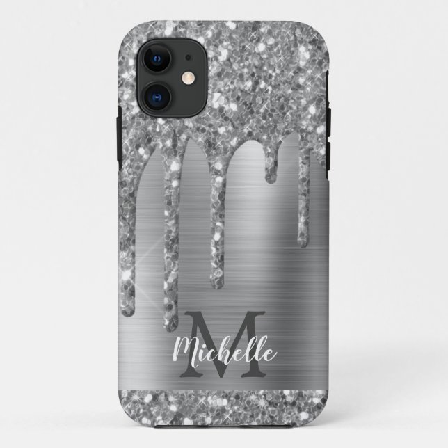 Coques Case-Mate iPhone Parties scintillant gris argent monogramme gouttes (Dos)