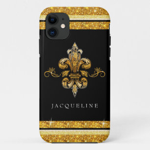Coque iPhone 11 Parties scintillant Look Faux Or Noir Fleur de Lis