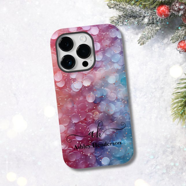 Coques Case-Mate iPhone Parties scintillant moderne bleu rose Ombre Monogr (Créateur téléchargé)