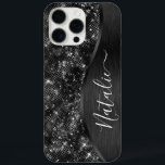 Coque iPhone 16 Pro Max Parties scintillant noire métallique personnalisée<br><div class="desc">Personnalisez facilement ce boîtier de téléphone à motif de parties scintillant en métal brossé noir et glamour avec votre propre nom personnalisé.</div>