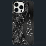 Coque iPhone 16 Pro Max Parties scintillant noire métallique personnalisée<br><div class="desc">Personnalisez facilement ce boîtier de téléphone à motif de parties scintillant en métal brossé noir et glamour avec votre propre nom personnalisé.</div>