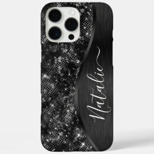 Coque iPhone 16 Pro Max Parties scintillant noire métallique personnalisée