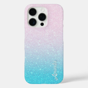 Coque iPhone 16 Pro Parties scintillant Ombre Faux rose et turquoise