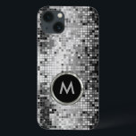 Coque Case-Mate iPhone Parties scintillant rétro des séquences argentées<br><div class="desc">Séquence argentée métallique monogramée. La boule disco des années 70 est miroitante avec le bling et scintille. Recherchez ce design dans plusieurs tons. Rose bleu violet vert et peut être demandé dans votre couleur préférée. C'est un motif d'image et non une séquence réelle.</div>