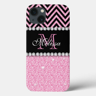 Etui iPhone 13 Parties scintillant ROSE CHEVRON NOIR MONOGRAMMÉ