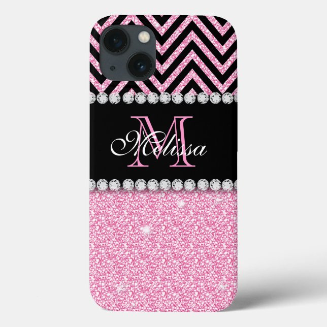 Coques Case-Mate iPhone Parties scintillant ROSE CHEVRON NOIR MONOGRAMMÉ (Verso)