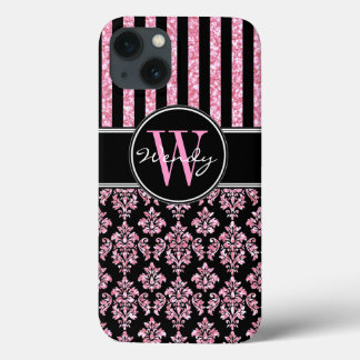 Coque Case-Mate iPhone Parties scintillant rose imprimé noir Damas Votre