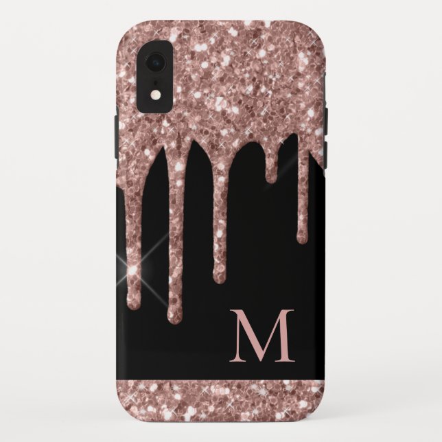 Coques Case-Mate iPhone Parties scintillant Rose monogramme en or sur noir (Dos)
