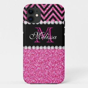 Coque iPhone 11 Parties scintillant rose noir Chevron Monogramme