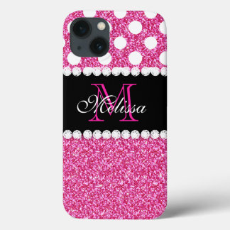 iPhone 13 Coque Parties scintillant rose Pois blancs Monogramme