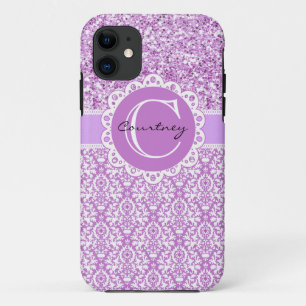 Coque iPhone 11 Parties scintillant violette et Damas avec nom et