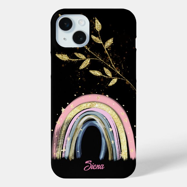 Coques Case-Mate iPhone Pastel Moderne Arc-En-Ciel Et feuilles D'Or Nom Pe (Verso)
