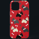 Case-Mate iPhone Case Pâtes et os de Terrier écossais<br><div class="desc">Chiens écossais mignons,  noirs,  gris et roux,  avec des arcs,  avec des empreintes et des os de chien sur un arrière - plan rouge.</div>