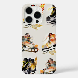 Coque iPhone 16 Pro Patins à glace aquarelle avec motif de feuilles d'
