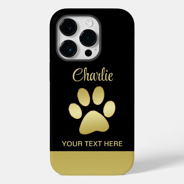 Coques Case-Mate iPhone Patte de chien brillante en or sur fond noir (Verso)