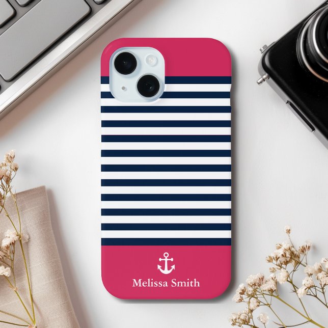 Coques Case-Mate iPhone Pattern Navy blue and white bands Red background (Créateur téléchargé)