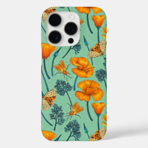 Coque iPhone 16 Pro Pavot et papillons de nuit de Californie sur jade