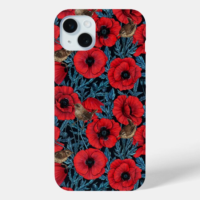 Coques Case-Mate iPhone Pavot rouge et brunes, feuilles bleus sur noir (Verso)