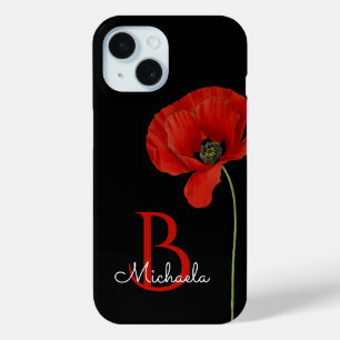 Coque Case-Mate iPhone Pavot rouge monogramme sur Black Stylish