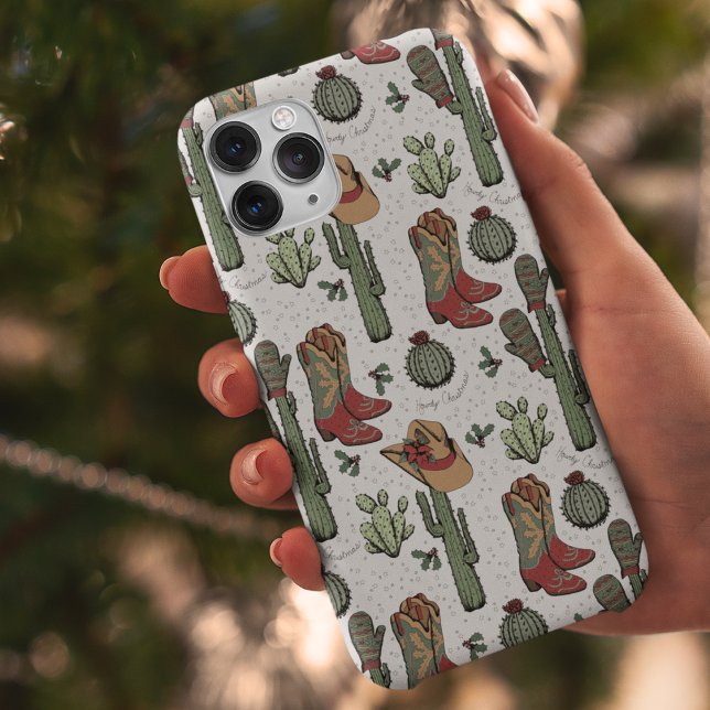 Coques Case-Mate iPhone Pays Noël rouge et vert ("Howdy Christmas" Country Christmas Cowgirl Boots, Hats, Mittens & Cactus. Hand-Drawn in Black Ink.)