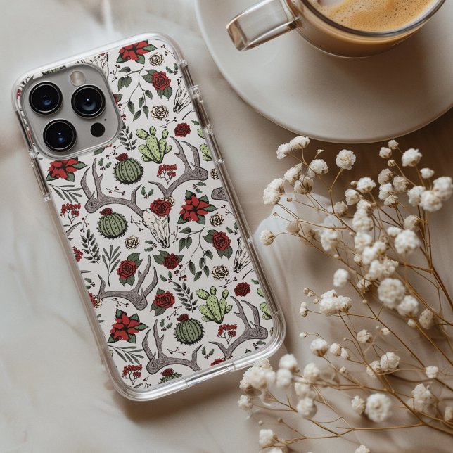 Coques Case-Mate iPhone Pays Ouest Noël Floral Cerf Tête Crâne (Chic Country Western Xmas Reindeer Head Skull, Red Roses, Poinsettias, Cacti, Festive Holly Berries.)