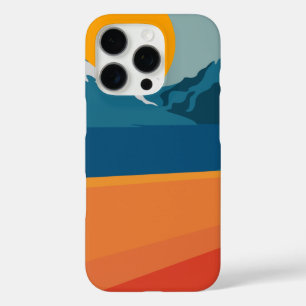 Coque iPhone 16 Pro Paysage de Montagne Rétro Oeuvre d'art Bleu Orange