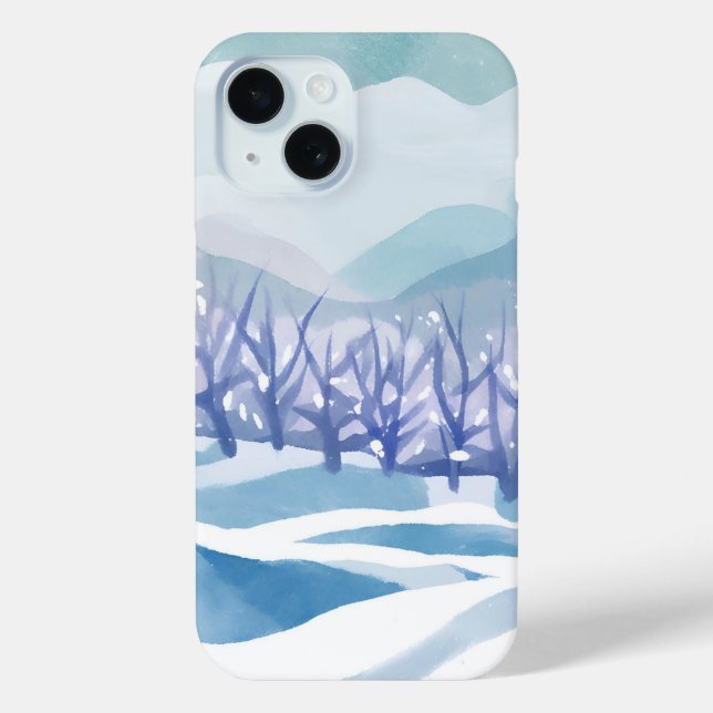Coques Case-Mate iPhone Paysage hivernal peinture à l'aquarelle bleue enne (Verso)