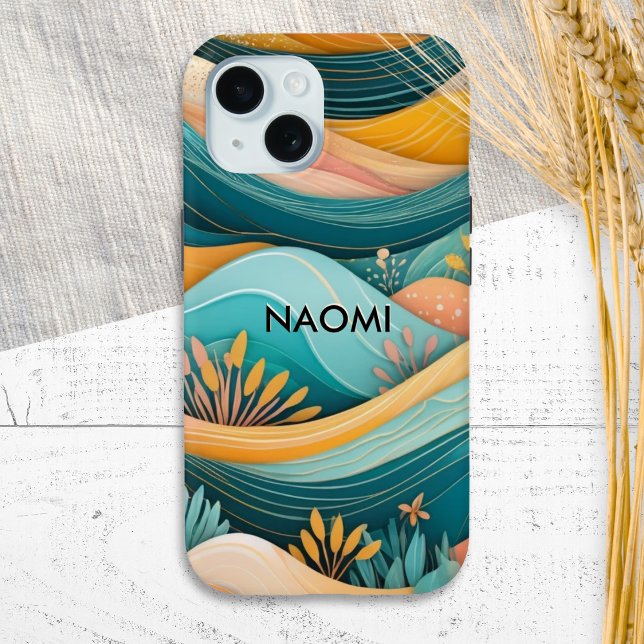 Coques Case-Mate iPhone Paysage Rétro Groovy Personnalisé (A stylish personalized phone case, with illustration of rolling hills in a retro groovy style)