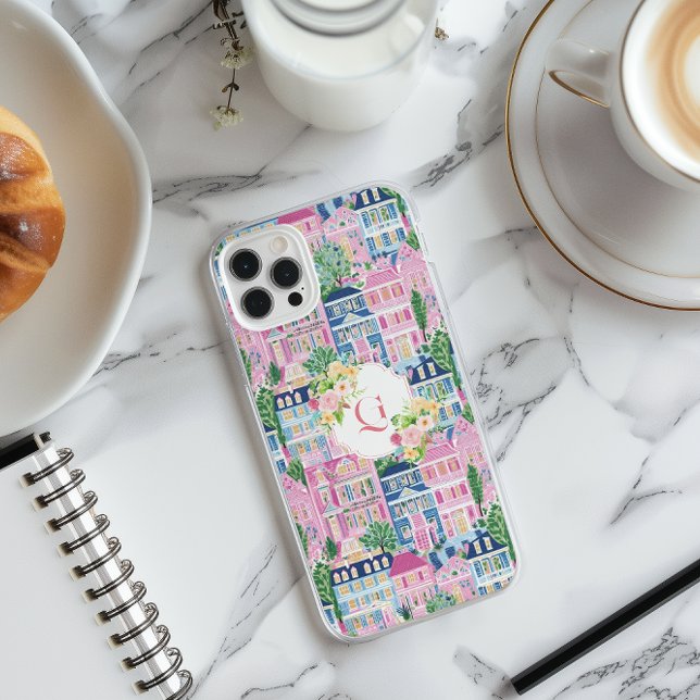 Coques Case-Mate iPhone Paysage Urbain Rose Élégant | Monogramme Initial F (Créateur téléchargé)