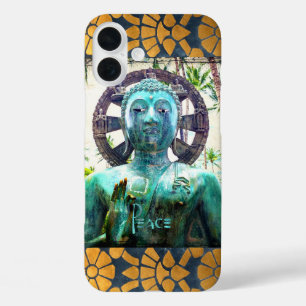 Coque Pour iPhone 16 Plus Peace Bouddha Turquoise Photo Avec Mosaïque Or